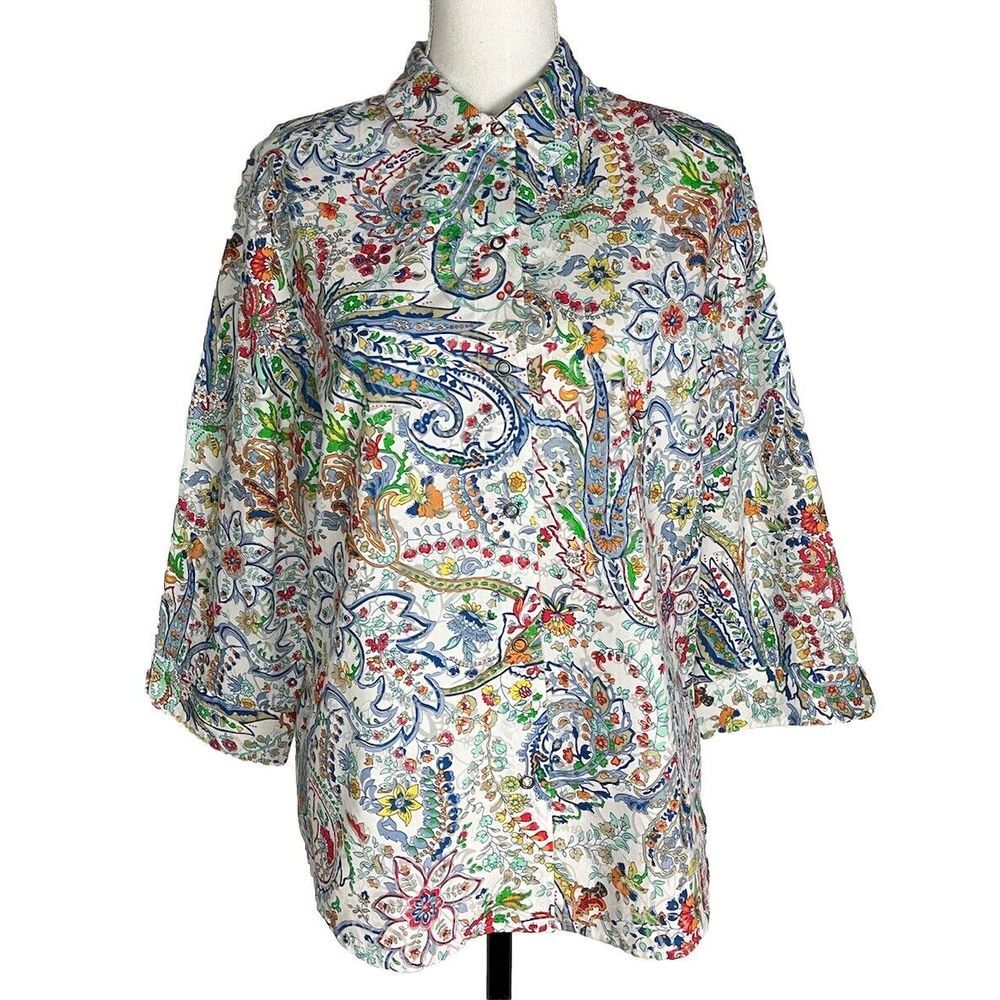 Alfred‎ Dunner Womens White Paisley Button Up 3/4 Sleeve Top Blouse Size 10